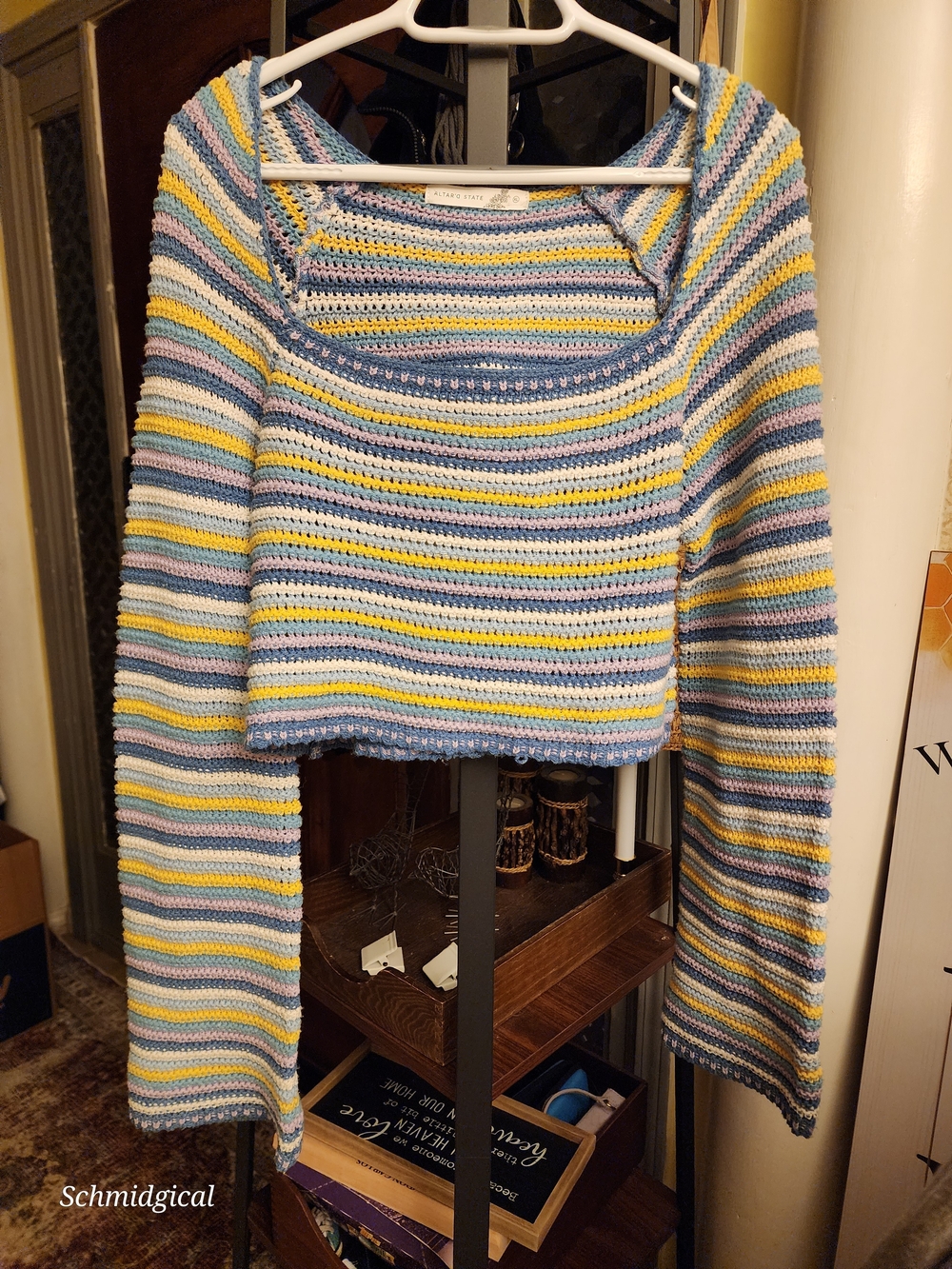 Altar'd State Pastel Striped Cropped Crewneck Sweater Bell Sleeves Dopamine
